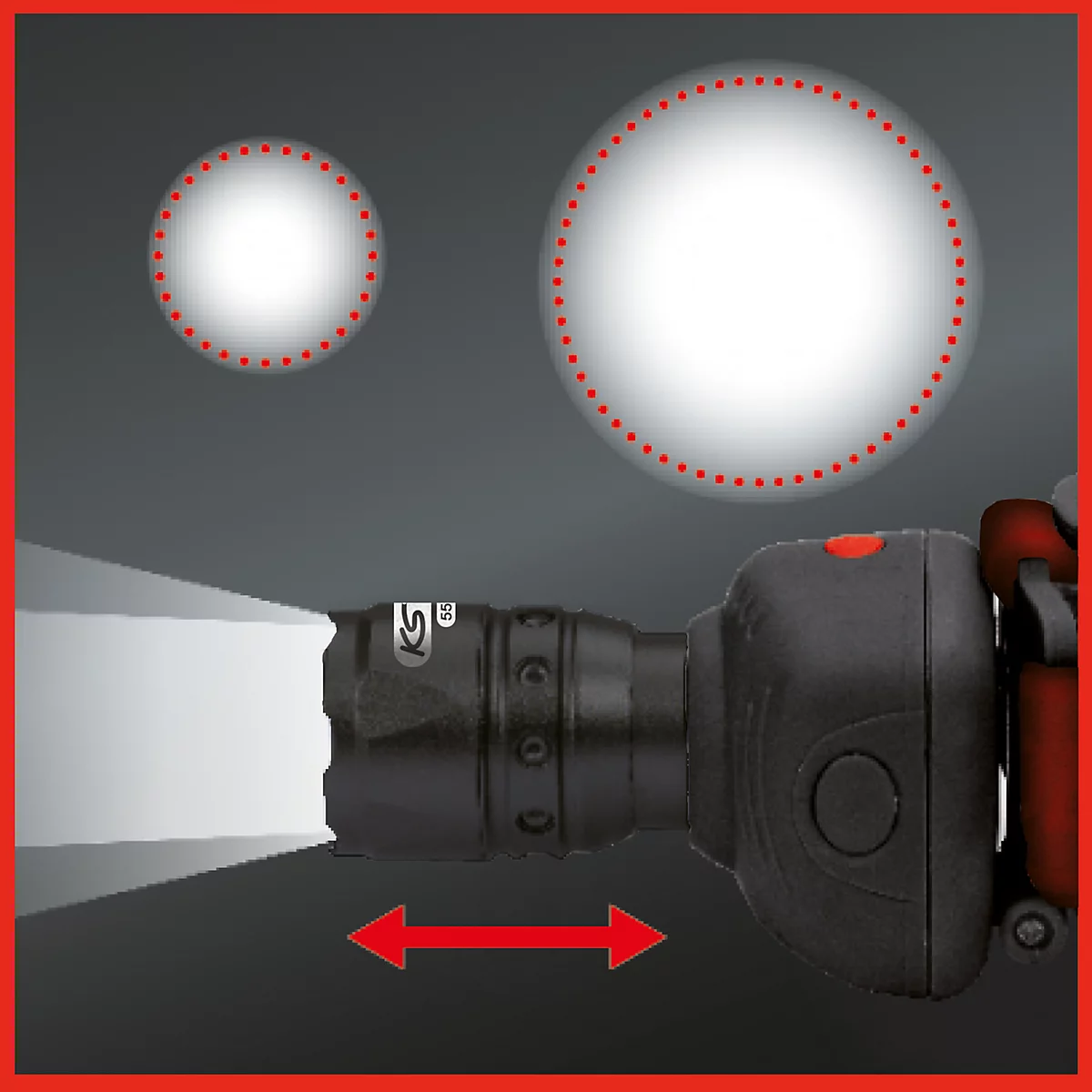 Nahaufnahme einer schwarzen LED-Taschenlampe mit verstellbarem Lichtkegel, die zwei Lichtkreise zeigt.